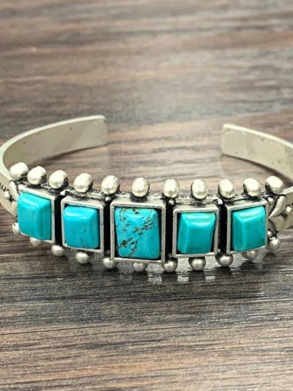 Square Turquoise Cuff Bracelet Western Boho Rodeo Silver Tone
